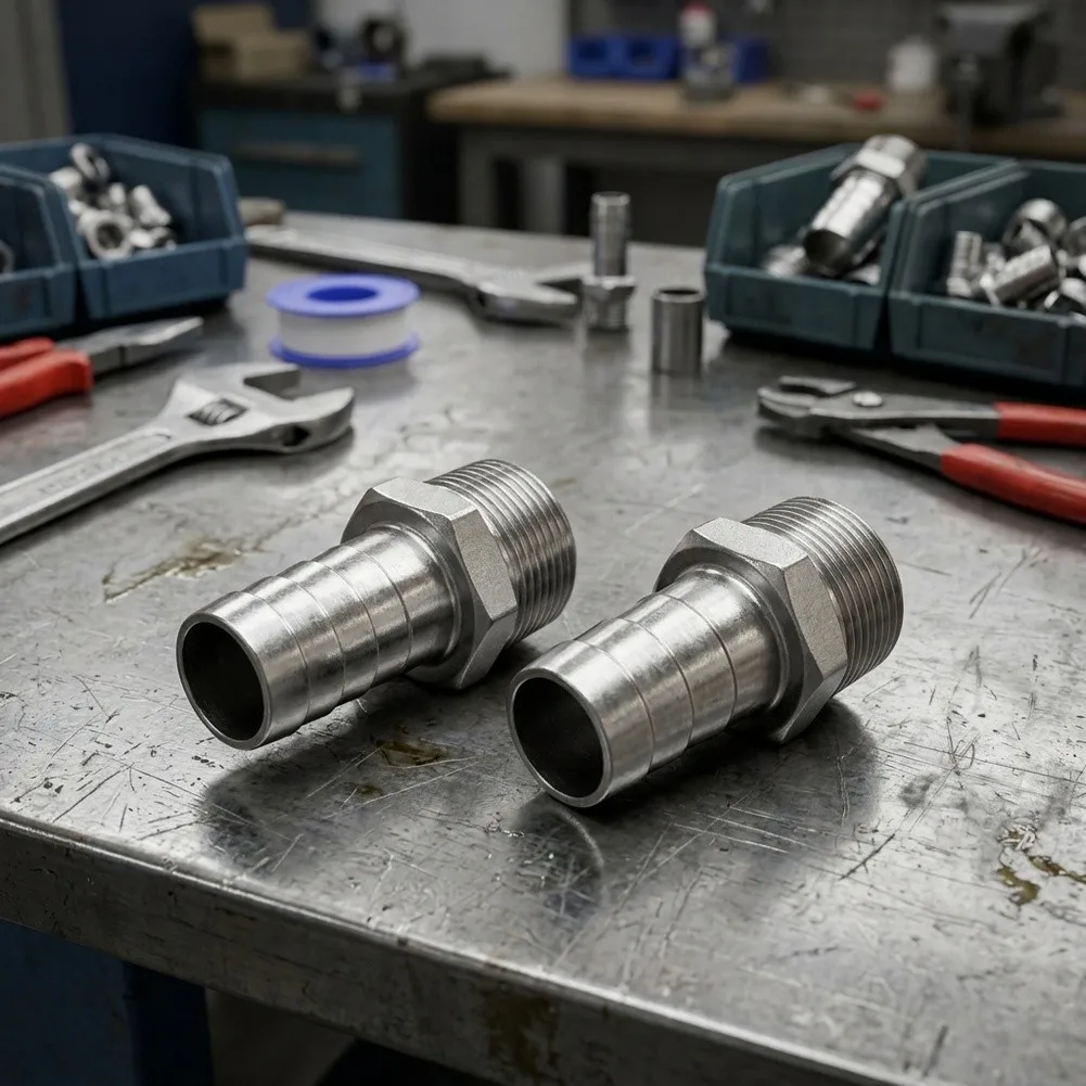 304 SS Hose Fitting 1-1/4 inch NPT Male Thread with Barb End for Water Air Gas Pipeline Assembly and Maintenance