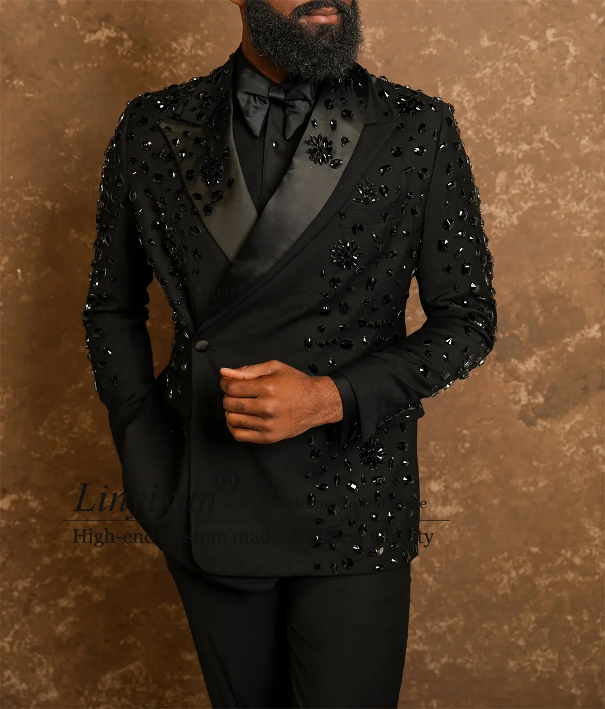 Picture 3: Luxury Rhinestone Male Suits 2 Pieces Sets Double Breasted Tuxedos Party Outfit Customized Slim Blazer Pants costume homme luxe