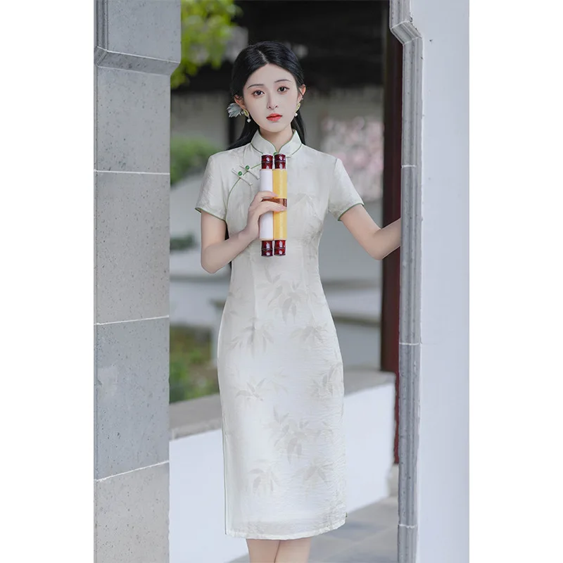 Spring Pritned Satin Mid-Length Qipao Chinese Women Mandarin Collar Short Sleeve Cheongsam Elegant Daily Dress