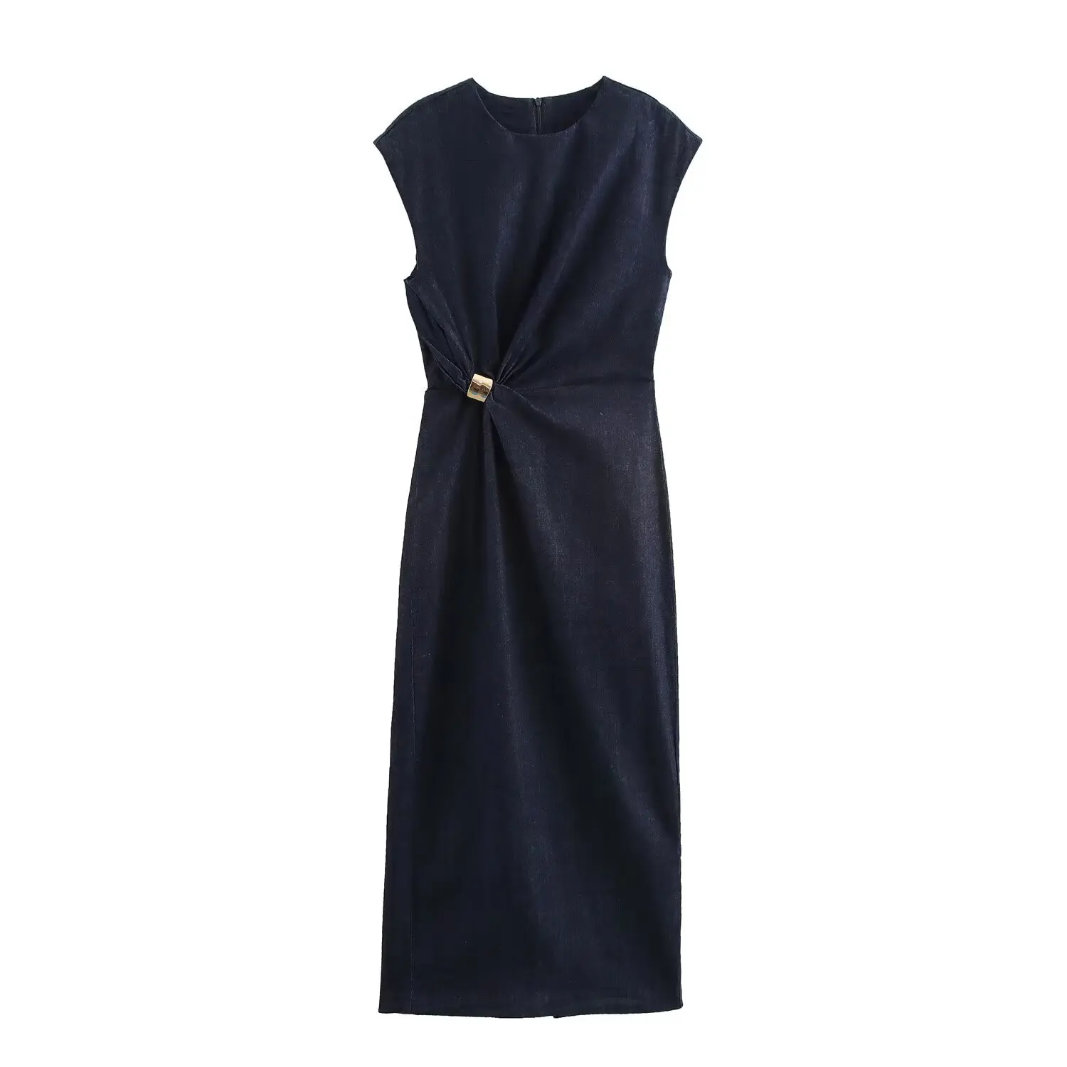 

Taop&Za Womens Sleeveless Midi Dress in Deep Blue with a Chic Knot Detail and Gold Hardware at the Waist for Both