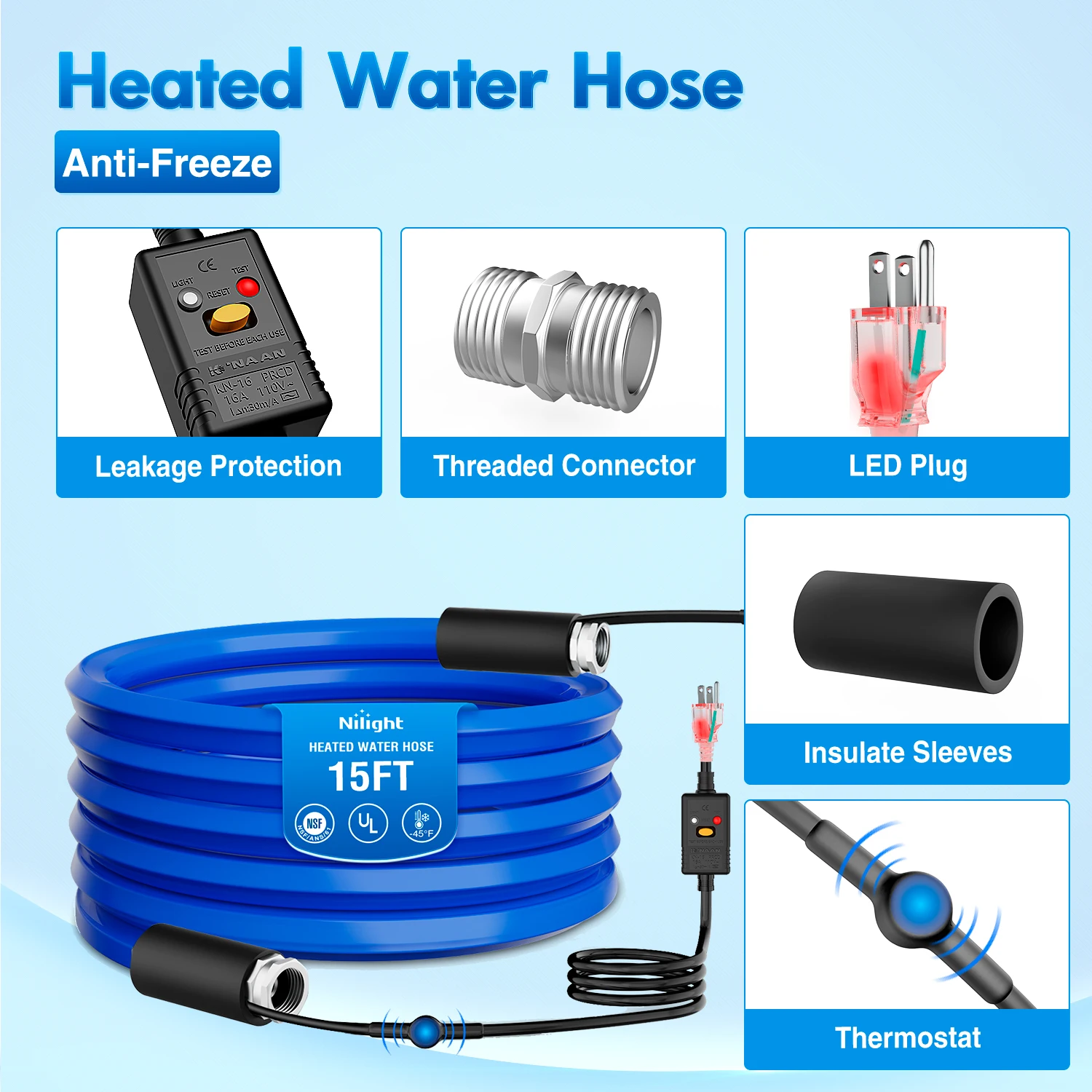 Nilight Heated Water Hose RV -45°F Freeze Protection Antifreeze Garden Drinking Hoses with Saving Thermostat and Smart Heat System for Winter Camper Supply Accessories, Heavy Duty Heated RV Water Hose for Camper Trailer Motorhome Outdoor Winter Camping