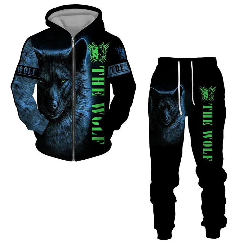 Men 3D Printed Wolf Zipper Hoodies Suit Animal Tracksuit/Pants Long Sleeve Casual Streetwear Oversize Autumn Winter High-quality