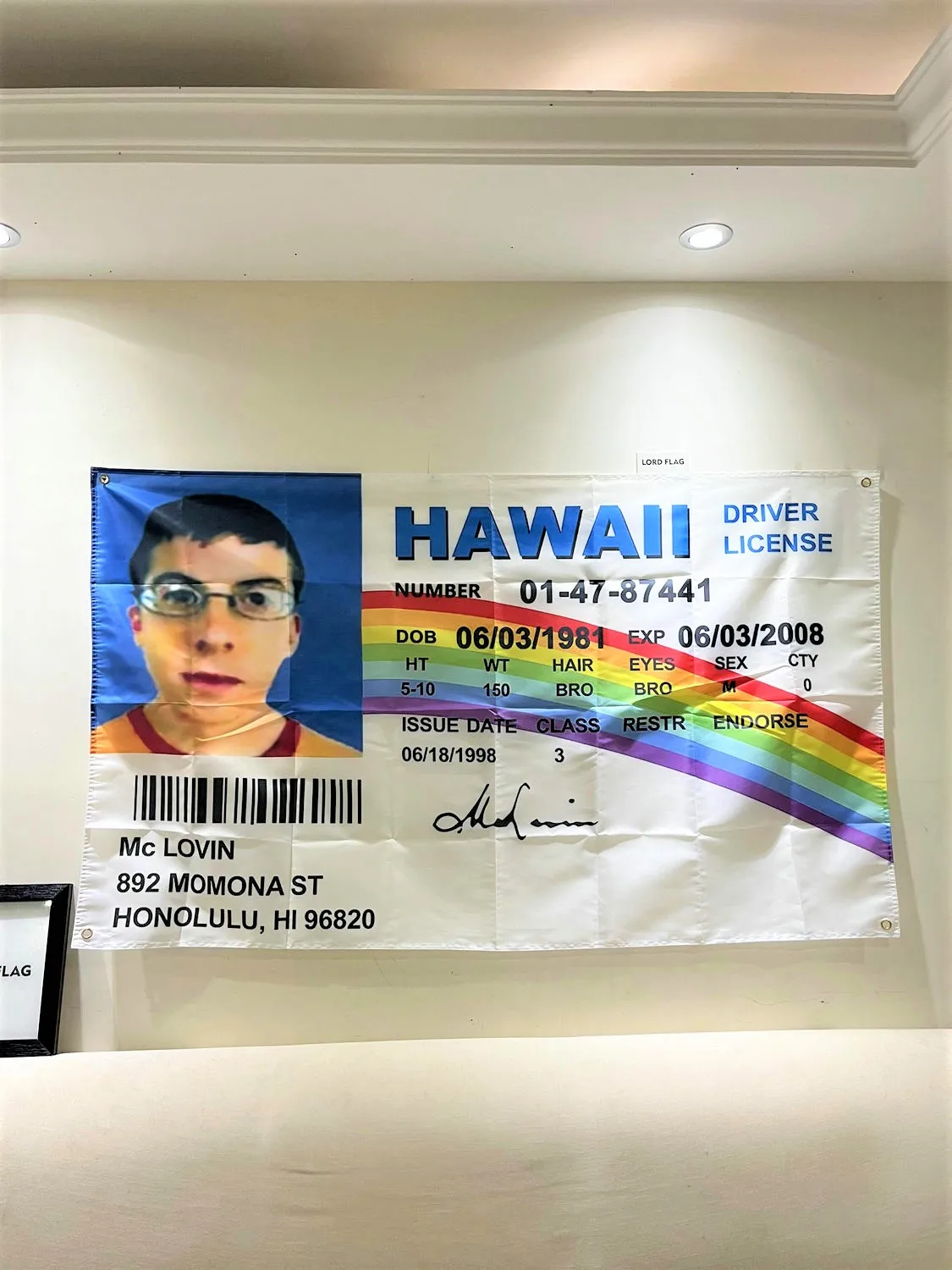 Free shipping Customized Mclovin Flag 90x150cm Polyester Fake ID Driver License HAWAII Mclovin flags College Dorm Banner