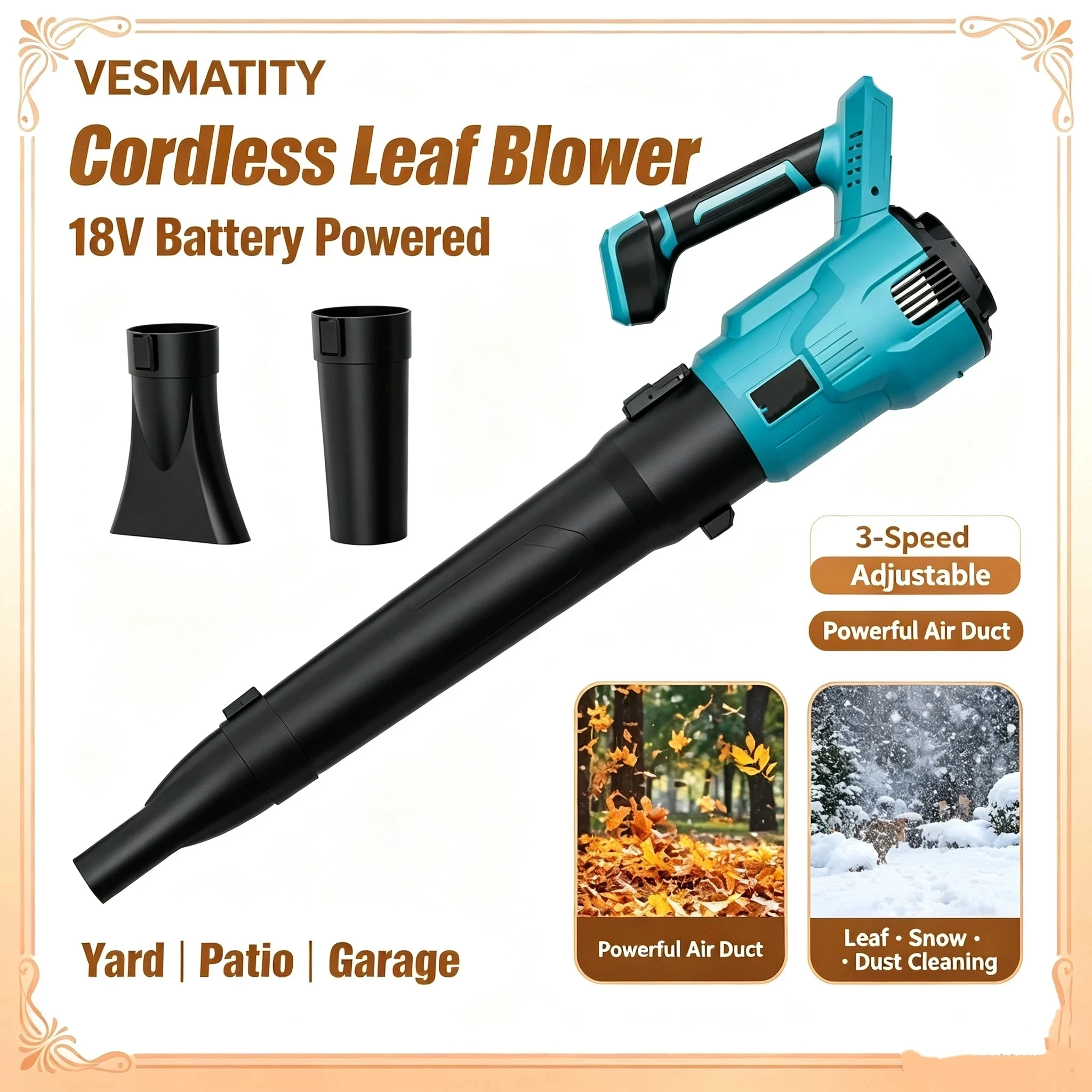 Cordless Leaf Blower 18V Battery Powered 3-Speed Cannon Blower Garden Power Tool For Leaf Snow Dust Yard Patio Garage Cleaning