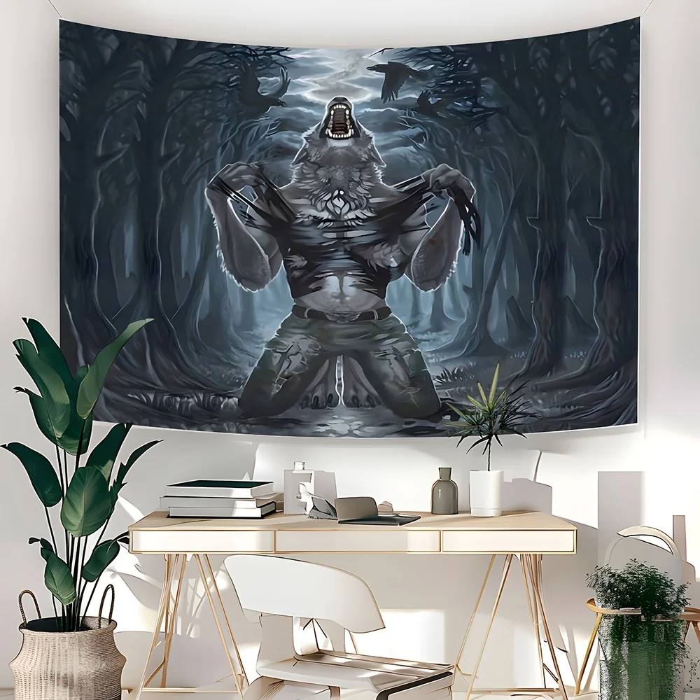 Mystical Werewolf Tapestry with a Dramatic and Dark Design, Perfect for Adding a Touch of Fantasy and Gothic Charm