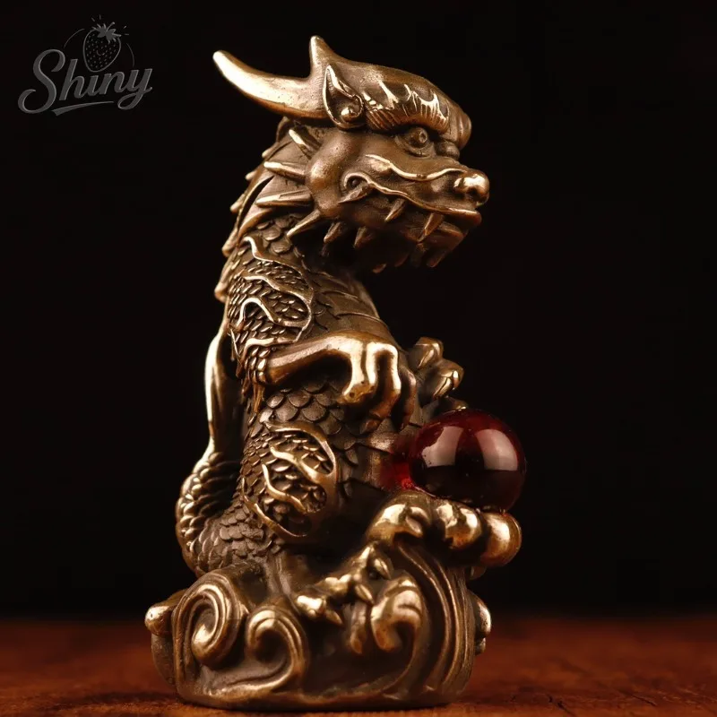

Solid Copper Chinese Zodiac Dragon Ornament Dragon Playing with Pearl Wealth-Attracting Feng Shui Desktop Artwork