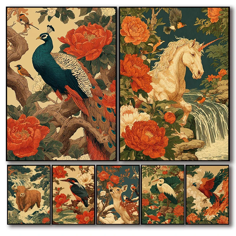 Traditional Asian Art Animal Posters Heron Koi Fish Deer Birds Modern Prints Canvas Painting Wall Picture Home Living Room Decor