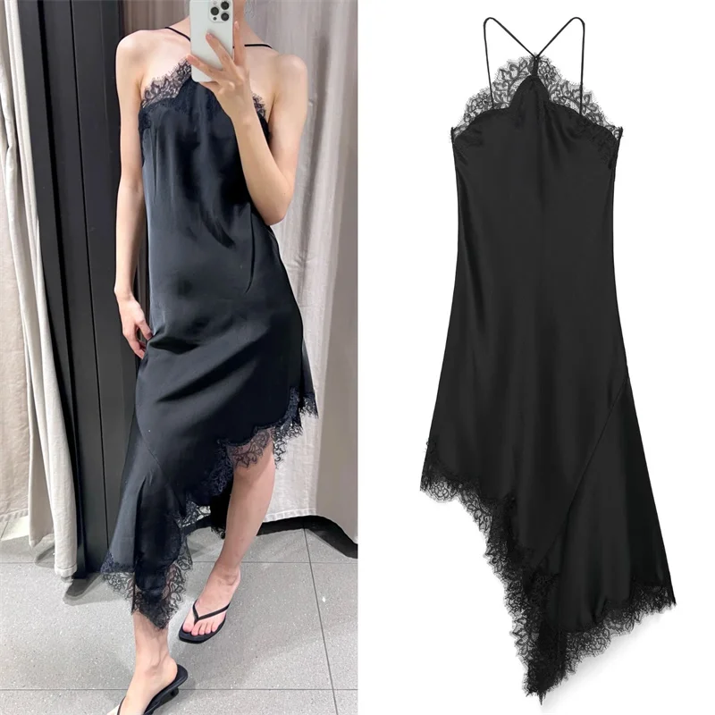 2025 nouvelle robe d'été pour femmes noir jarretelle soie Satin dentelle robe irrégulière Sexy et élégante personnalité mode