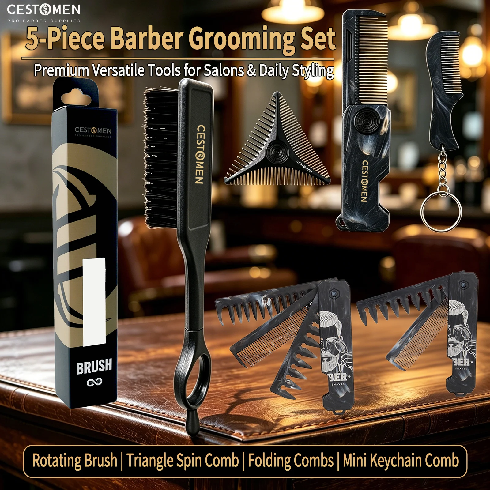 

5Pcs Barber Styling Set Marble 2/3 in 1 Folding Comb Mini Rotate Fade Brush Pocket Beard Comb Triangle Spinning Combs For Men