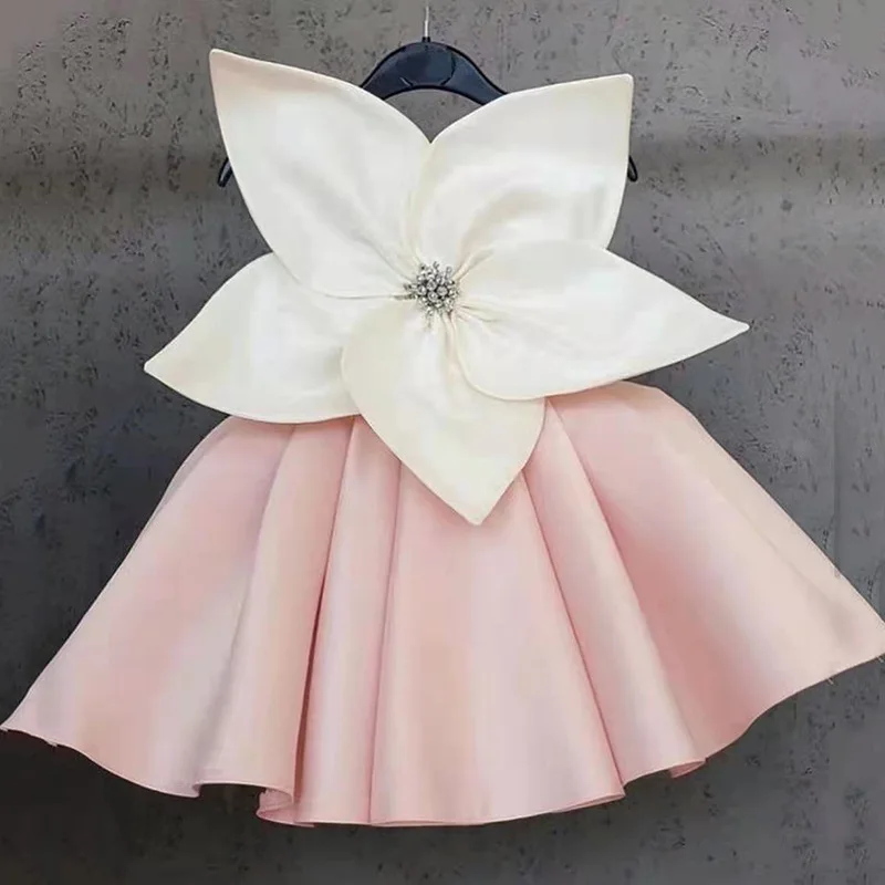 Summer 2024 New Girls Sleeveless Big Flowers Diamonds Pink Cute Roupa Infantil Menina Birthday Wedding Dress Custume 12M-7T