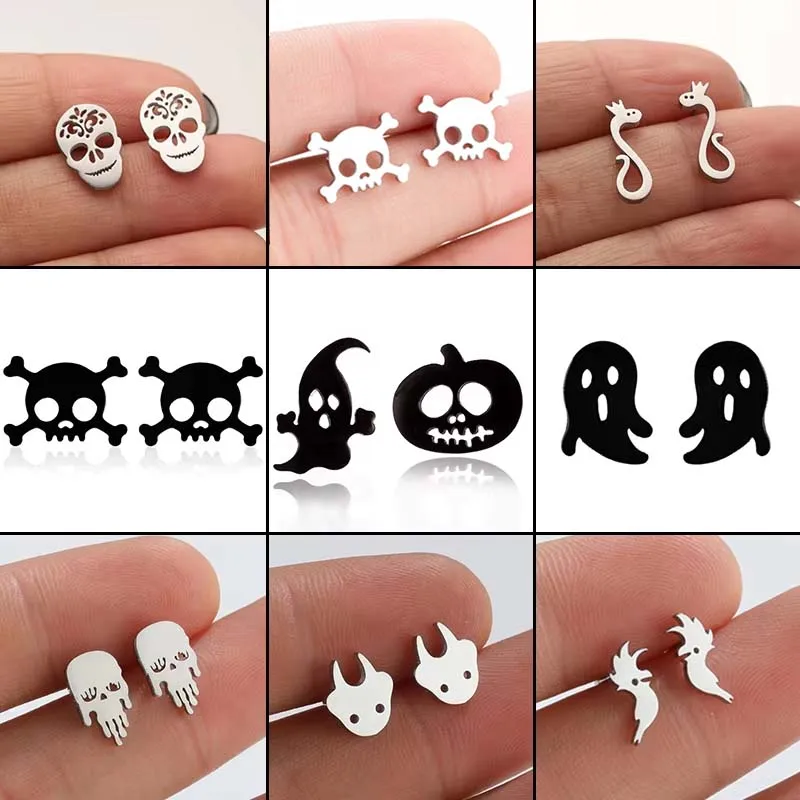Neo-gothic Stainless Steel Skull Ghost Earring for Women Snake Ear Jewelry Girls Halloween Asymmetry Earrings Gifts Accessories