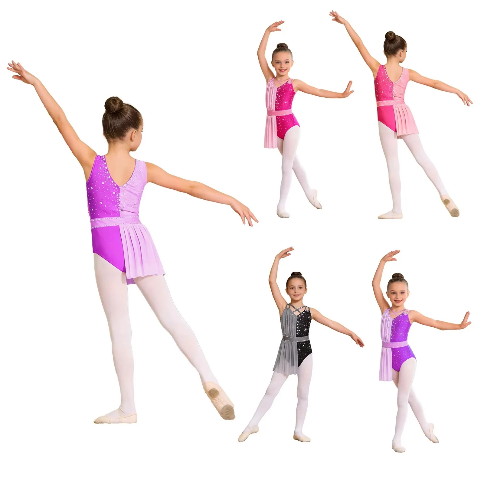 Children Girls Lyrical Dance Gymnastics Costume Shiny Rhinestone Ruched Mesh Figure Skating Ballet Acrobatics Leotard Dresses