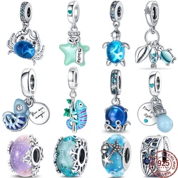 Abalorio de colección oceánica de plata de ley S925, cuentas brillantes, compatible con pulsera Pandora, colgante artesanal, joyería para mujer