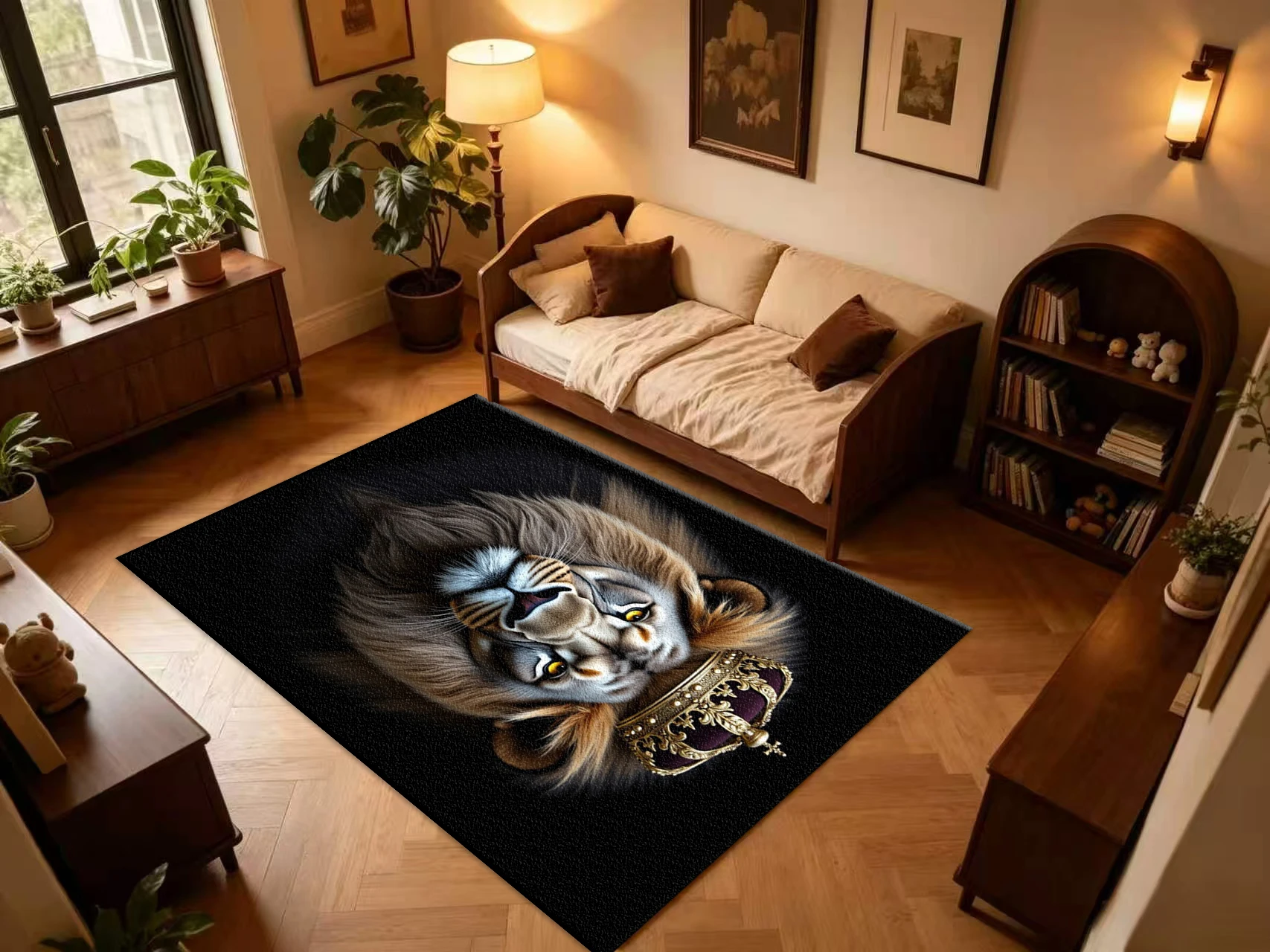 King Lion With Golden Crown Carpet Flooring, Noble Animal Non-Slip Area Rug for Living Room Bedroom Home Floor Decor