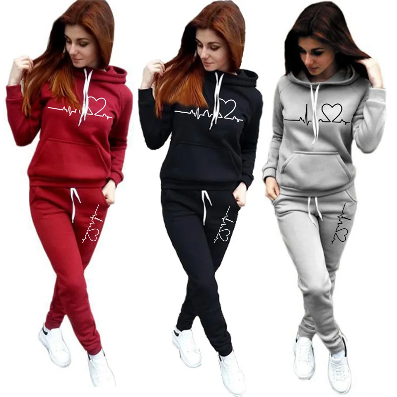 JY set hoodie wanita, setelan hoodie wanita, pakaian olahraga motif cinta, Busana baru musim semi dan musim gugur, setelan hoodie wanita, pakaian olahraga kasual