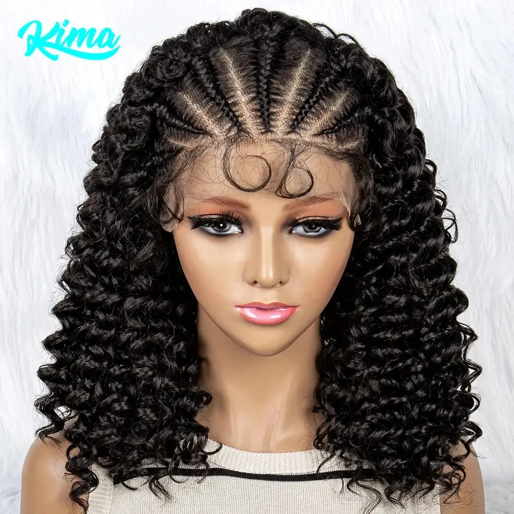 Braided Wigs สังเคราะห์ลูกไม้ด้านหน้าวิกผมถักกับลูกผมสำหรับวิกผมหญิงสีดำ Kinky Curly Hair Wigs Curly Bob วิกผม