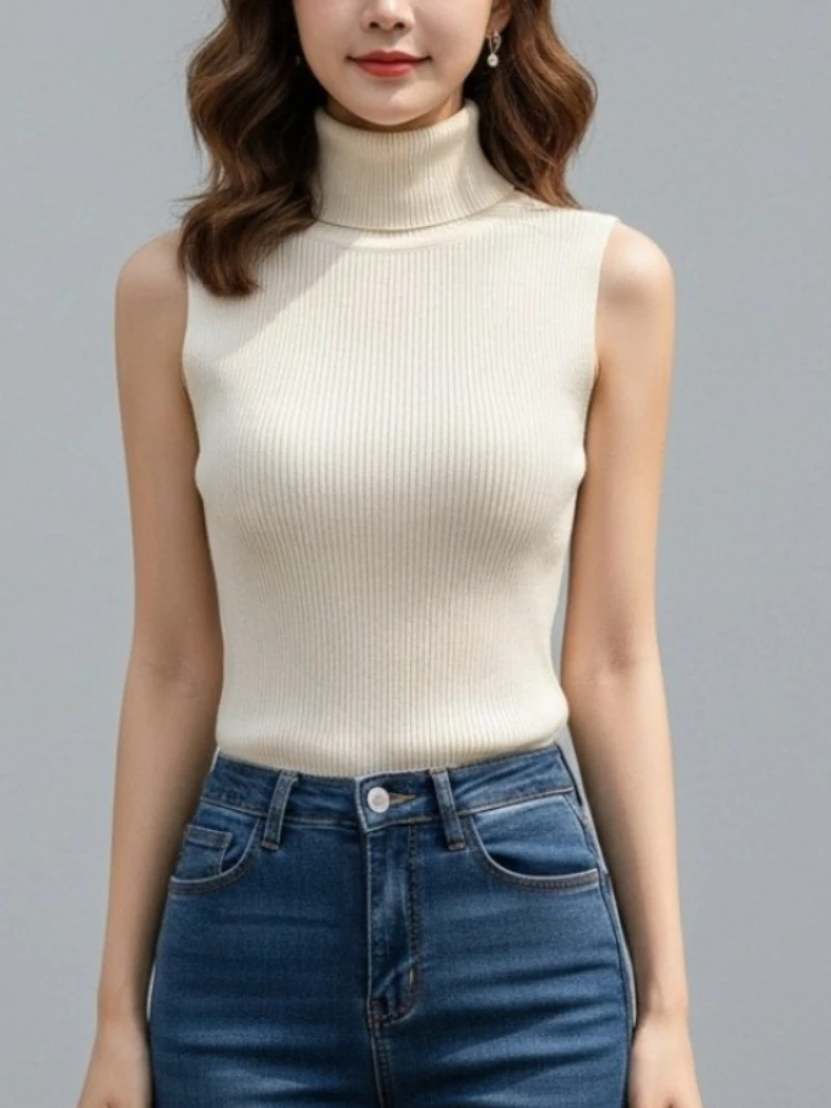 2026 Spring Turtleneck Sweater Sexy Sleeveless Sweater Women Tank Tops Women Simple Versatile Slim Solid Knitted Sweater Vest
