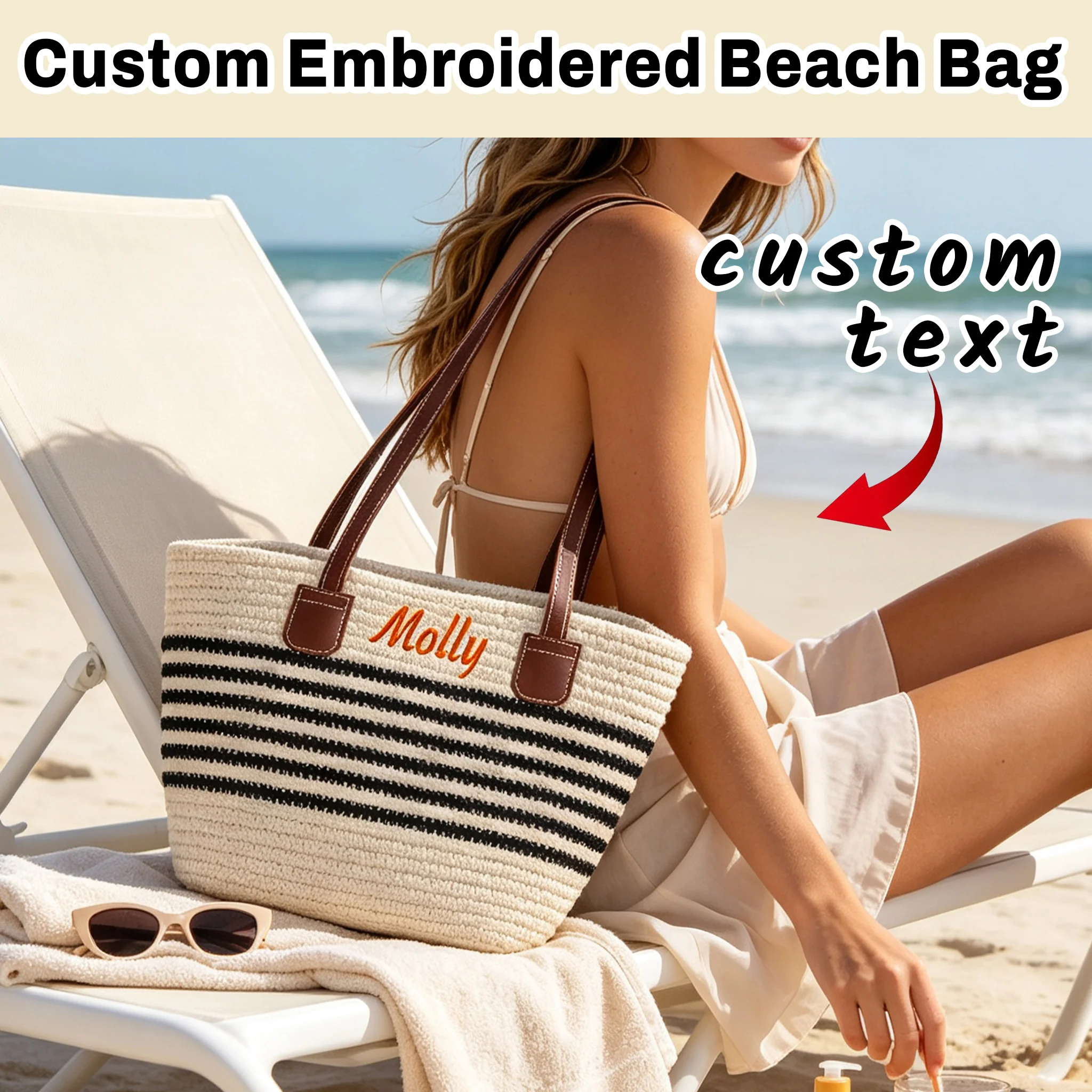 Personalized Embroidered Straw Tote Bag, Large Capacity Woven Shoulder Bag, Custom Name Beach Handbag for Vacation Travel