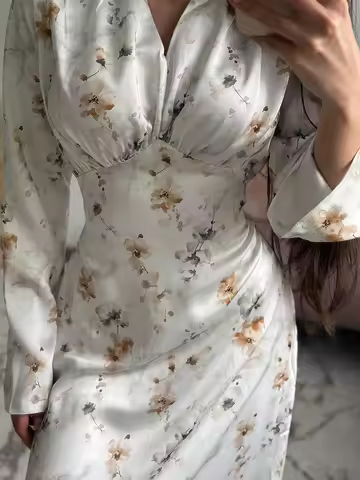 Elegant V-neck High Waist Satin Long Dress 2026 Lady Elegant Temperament Evening Dresses Spring Floral Print Women's Party Dress