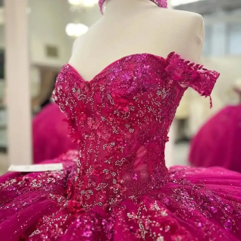 

Customized Shiny Rose Red Off Shoulder Quinceanera Dress Tull sequin applique flower Lace vestidos de 15 Quinceanera ﻿