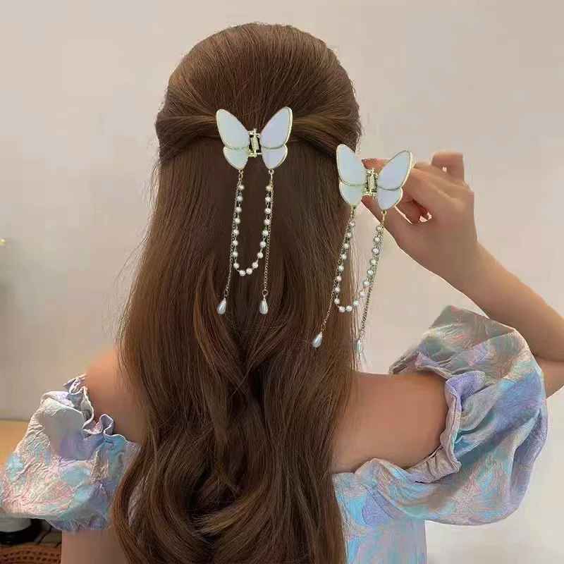 

Fashionable Butterfly Long pearl Fringe Hair Clip Crab Claw Headdress mini Ponytail Barrette Hair Accessories For Women Ornament