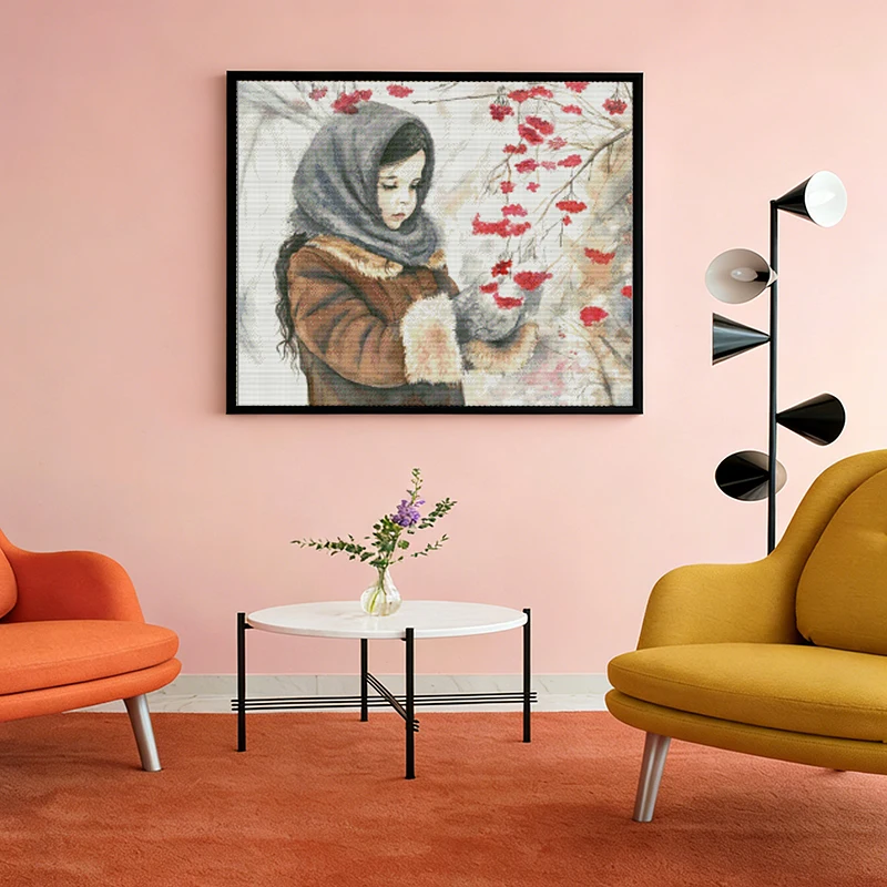 

JoySunday Cross Stitch Kit Picking Red-paddle Berries Printed Counted Aida Fabric 16/14/11CT Art Craft DIY Needle Embroidery Kit