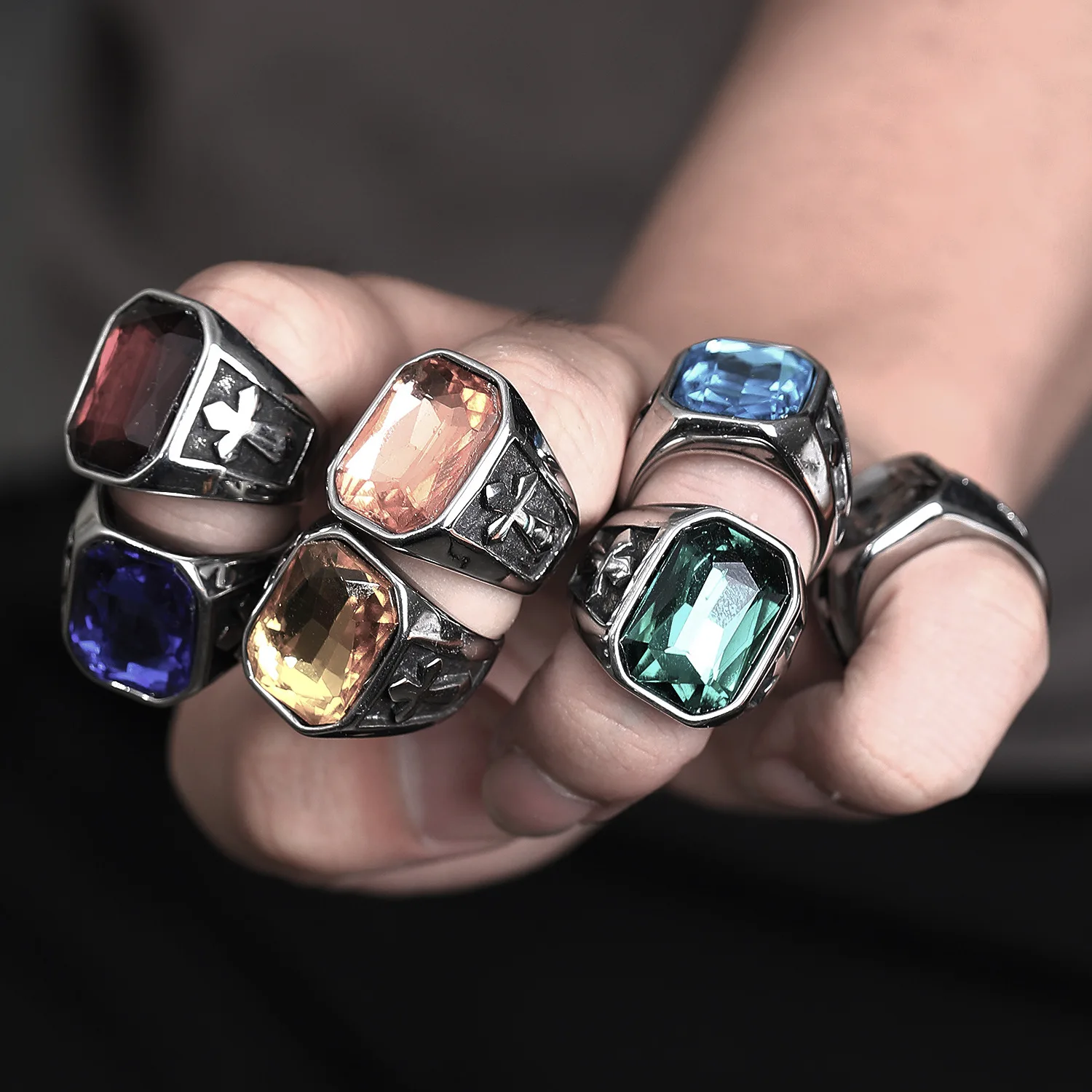 Punk Creative Multi-colored Stone Rings for Men Women Charm Domineering Vintage Stainless Steel Cross Ring Jewelry Wholesale