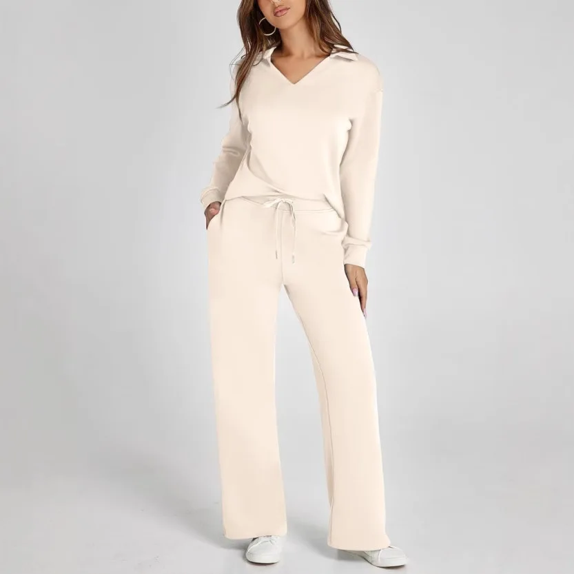 2Pcs/Set Women Top Pants Suit Long Sleeves Sport Sweatshirt Drawstring Elastic Waist Wide Leg Trousers Casual Fitness Outfit