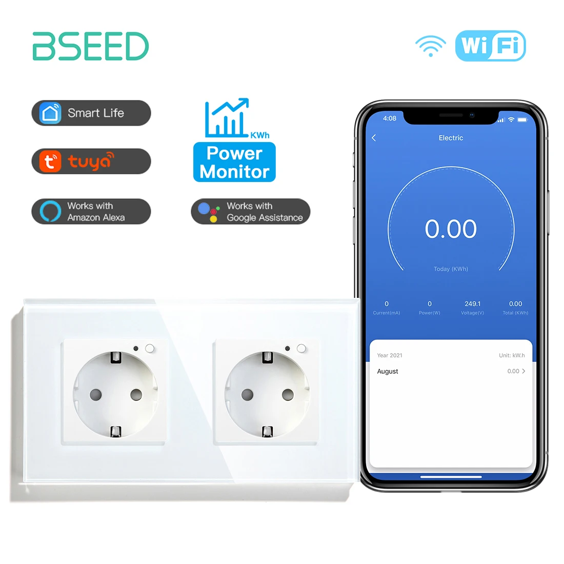 BSEED Double Sockets Wifi EU Standard Wall Sockets 16A 110V-250V Power Monitor Sockets Glass Panel Support For Tuya Google Alexa