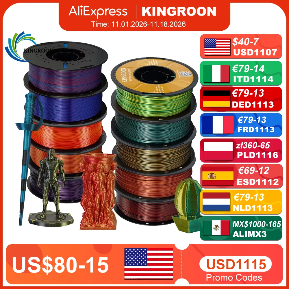 KINGROON Silk Dual-color PLA Filament 3D Printer 1.75mm 11/22 lbs Silk PLA Filament Plastic Materials 3D Printing Special Color