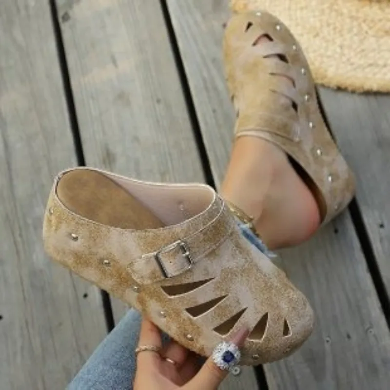 

2026 New Hollow Out Round Toe Closed Toe Women's Sandals Fashion Rivet Decor Solid Wedge Shoes for Women Босоножки Женские