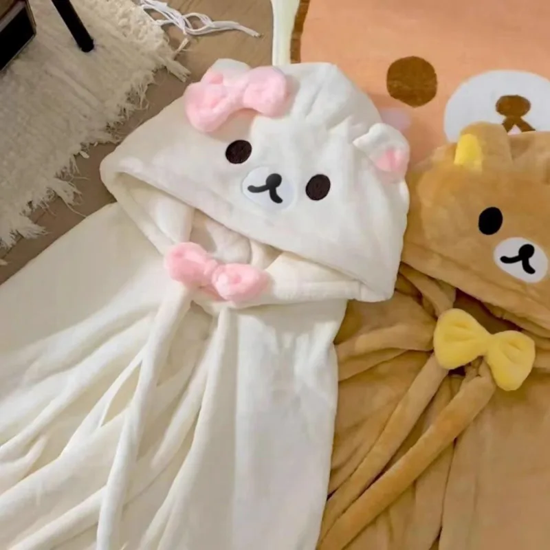 Rilakkuma Brother and sister flannelette With hat Bathrobe office Cartoon Air conditioning blanket Japanese Anime periphery gift