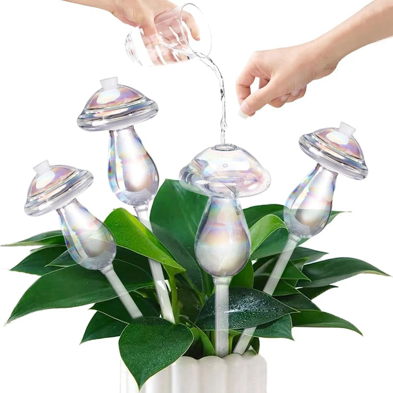 4-Pack Self-Watering Balls,Glass Watering Cans, Mushroom Design, Hand-Blown Glass,Suitable For Indoor & Outdoor Plants