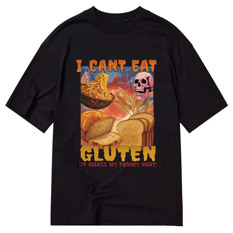 Funny Skull Bread Noodle T-Shirt Men Women Sarcastic Food Intolerance Print Oversized Casual Streetwear Short Sleeve Tee Tops