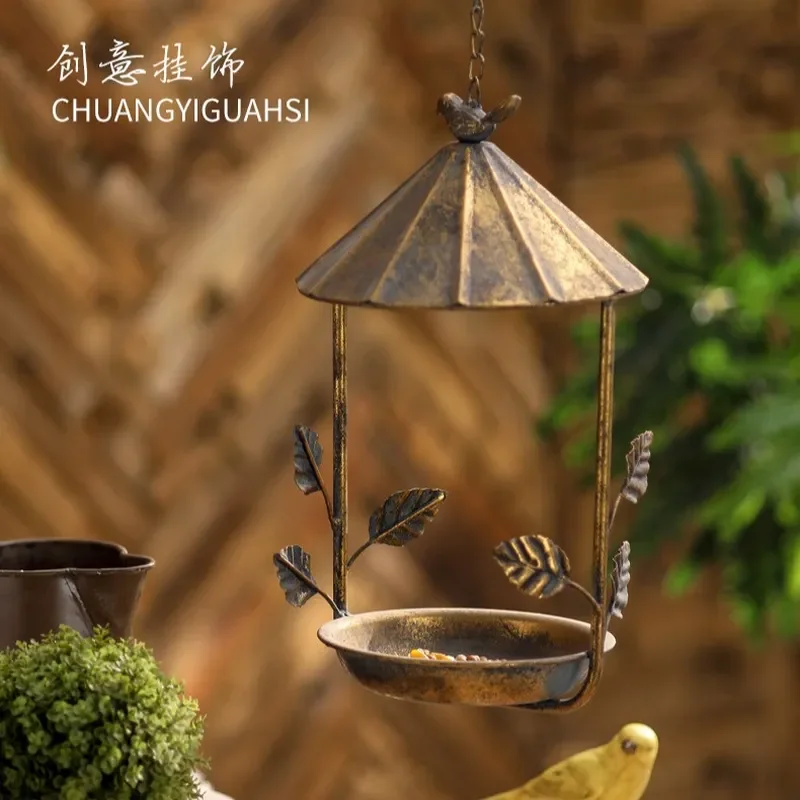 Vintage Wrought Iron Bird Feeder Outdoor Garden Hanging Decor European Style Metal Seed Holder for Backyard Patio Lawn