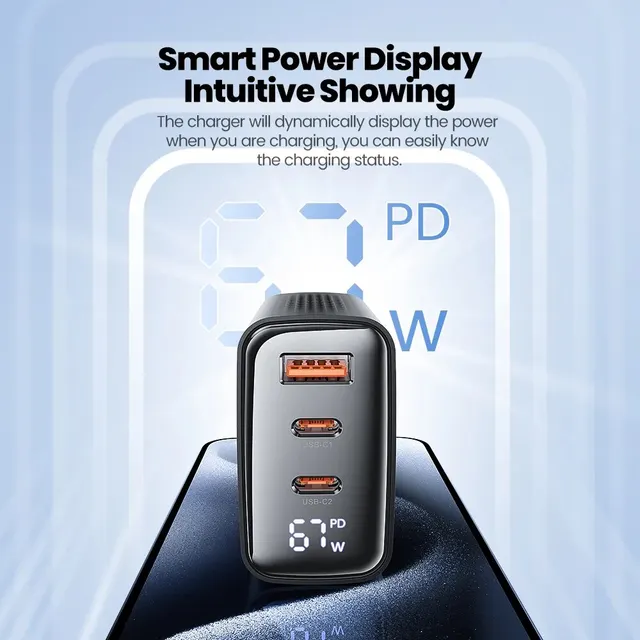 Toocki 67W GaN USB Type C Charger Digital Display 65W 45W PPS PD QC4.0 Quick Charge For Macbook Laptop IPAD Tablet iPhone 15 14 2 Toocki 67W GaN USB-C Charger with Digital Display – PD / PPS / QC 4.0 for MacBook, iPad, iPhone, Samsung – view 2