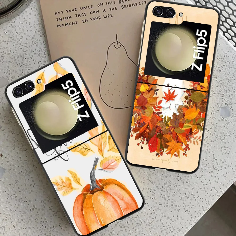 Pumpkin Happy Fall Autumn Case For Samsung Galaxy Z Flip 4 5 3 z Flip5 Flip4 5G Hard Phone Cover Flip3 Split Folding Black Plast