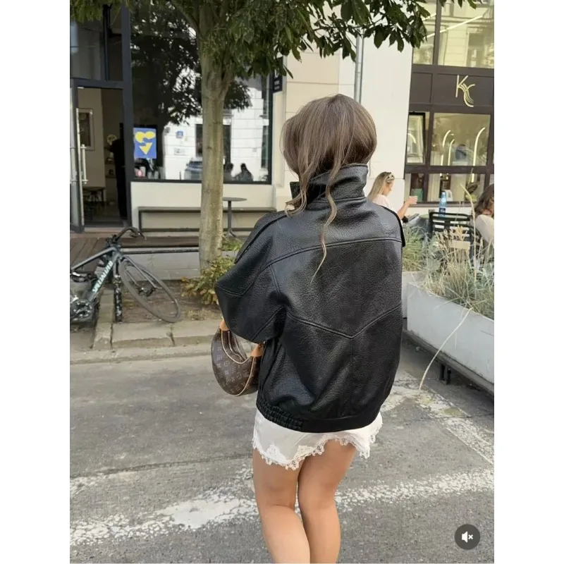 Nova Jaqueta Feminina de Couro Sintético 2026 com Gola Alta, Versão Solta, Estilo Urbano e Moderno