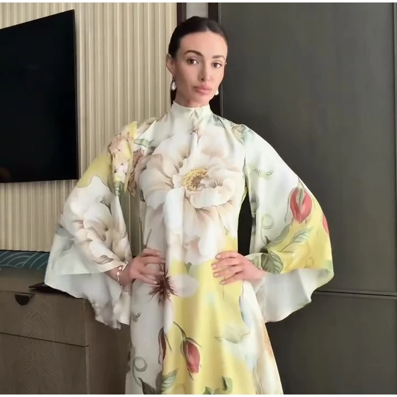 Elegant Floral Printed Women's Dress Stand Collar Full Puff Sleeve A-line Long Dresses 2026 Summer Vacation Party Lady Robes