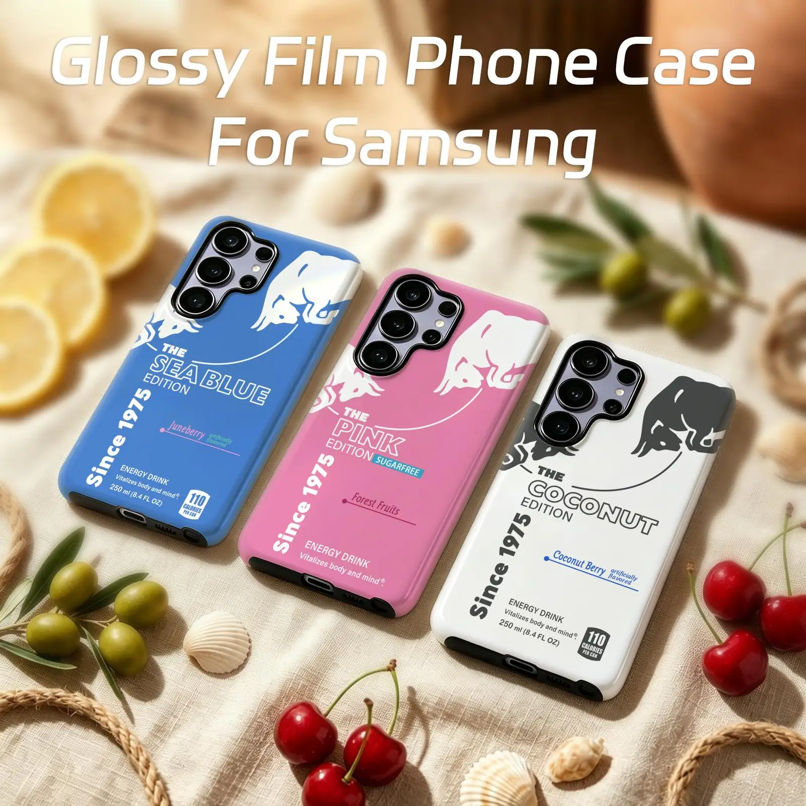 Funda para Teléfono con Diseño de Bebida Energética con Varios Sabores para Samsung Galaxy S26 25 S24 S23 S22 S21 Ultra, Funda Brillante con Película Protectora