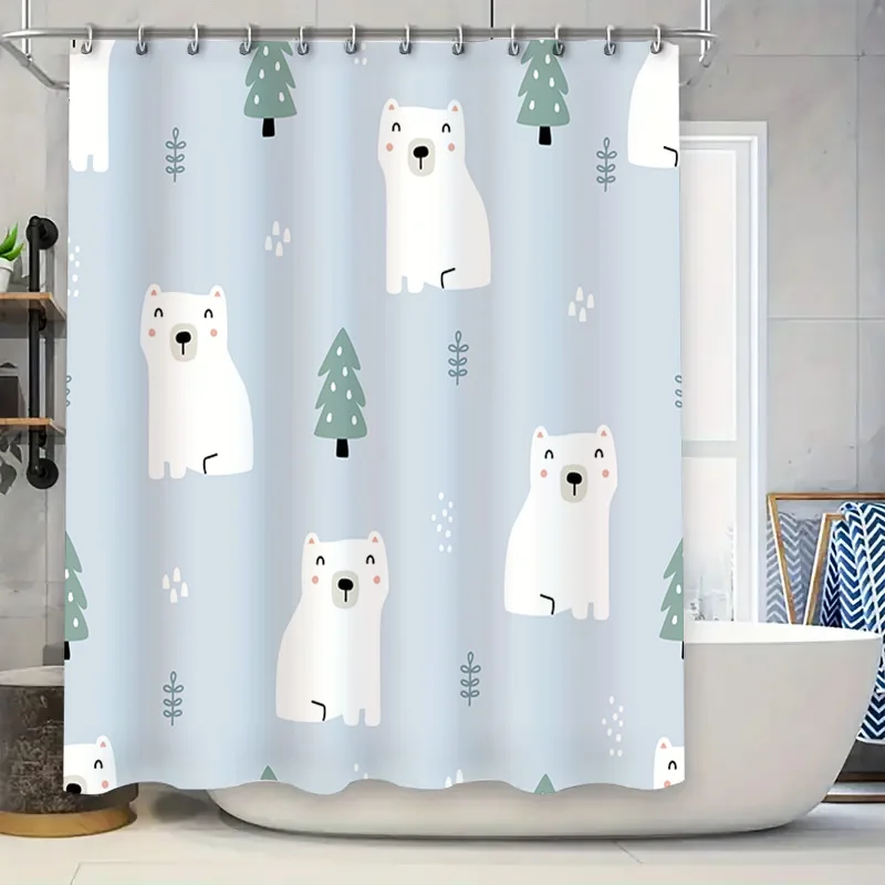 

Cute Polar Bear Shower Curtain Set Bathroom Decor with Trees Pattern Waterproof Fabric for Home Bathing Room Light Blue (60 x 72