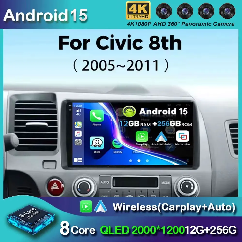 Android 15 Car stereo radio For Honda Civic 8th 8gen 2005 2006 2007 2008 2009 2010 2011 multimedia wireless carplay android auto