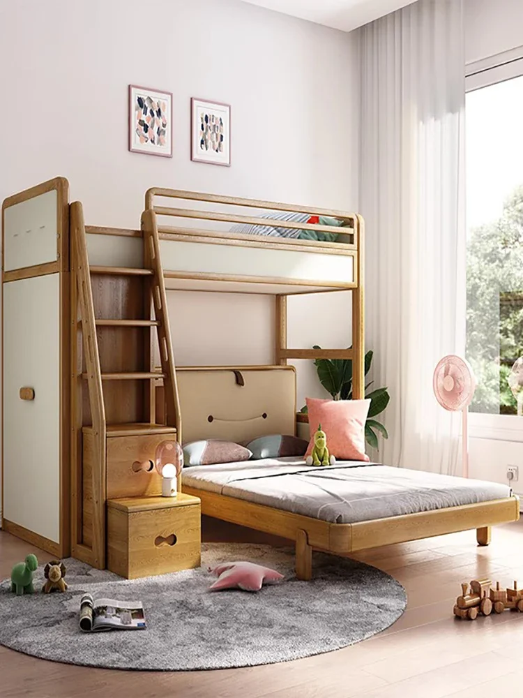 Multifunctional combination bed solid wood with wardrobe high and low mother and son bed upper and lower bed adult ash wood