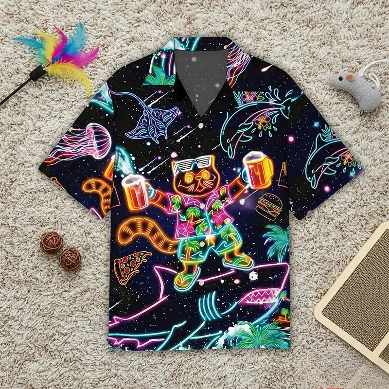 Recommended Popular Funny Neon Cat Pattern Hawaiian Shirt for Men's New 3D Printed Animal Summer Shirt