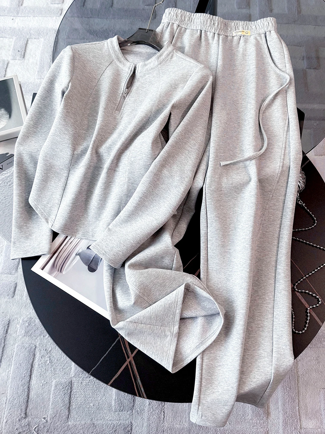 

Grey Casual Sportswear Set Women's Autumn Fashion Youthful Slimming Long Sleeve Top High Waist Wide Leg Pants Two Piece Set