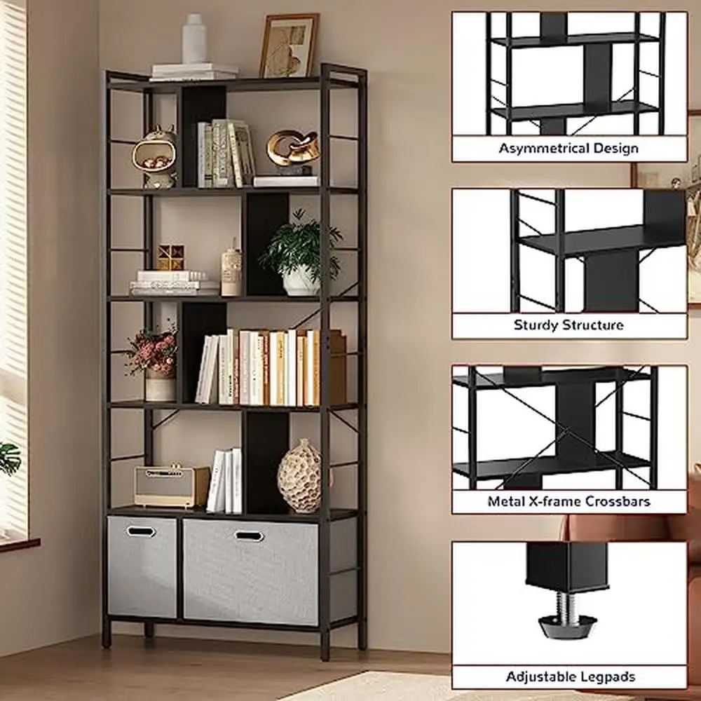 6 Tier Tall Bookshelf with Drawers Modern Industrial Standing Shelf Units Large Storage Space Display Bookcase Living Room Wood