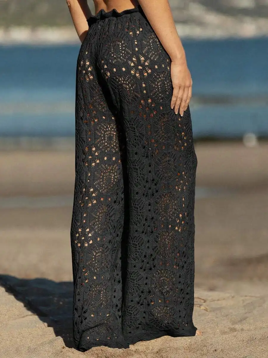 

Womens Crochet Beach Cover Up Pants Sheer Mesh Wide Leg Palazzo High Waist Adjustable Drawstring
