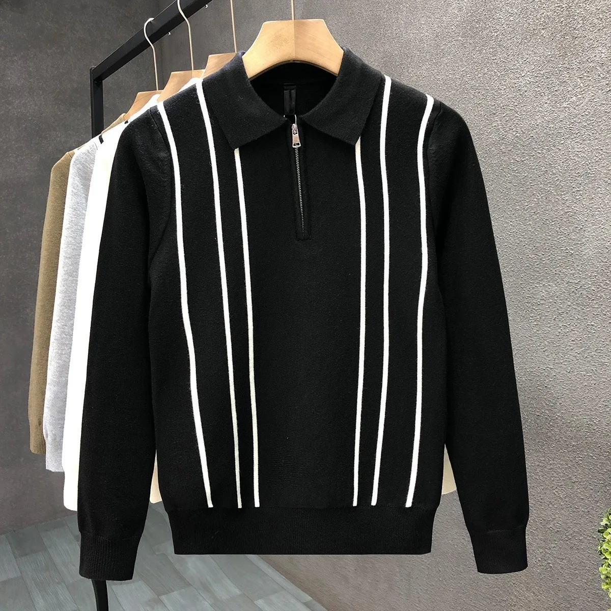 2025 Autumn Winter New Men Half Zipper Turn Down Collar Striped Sweater Slim Fit Versatile Warm Base Layer Top