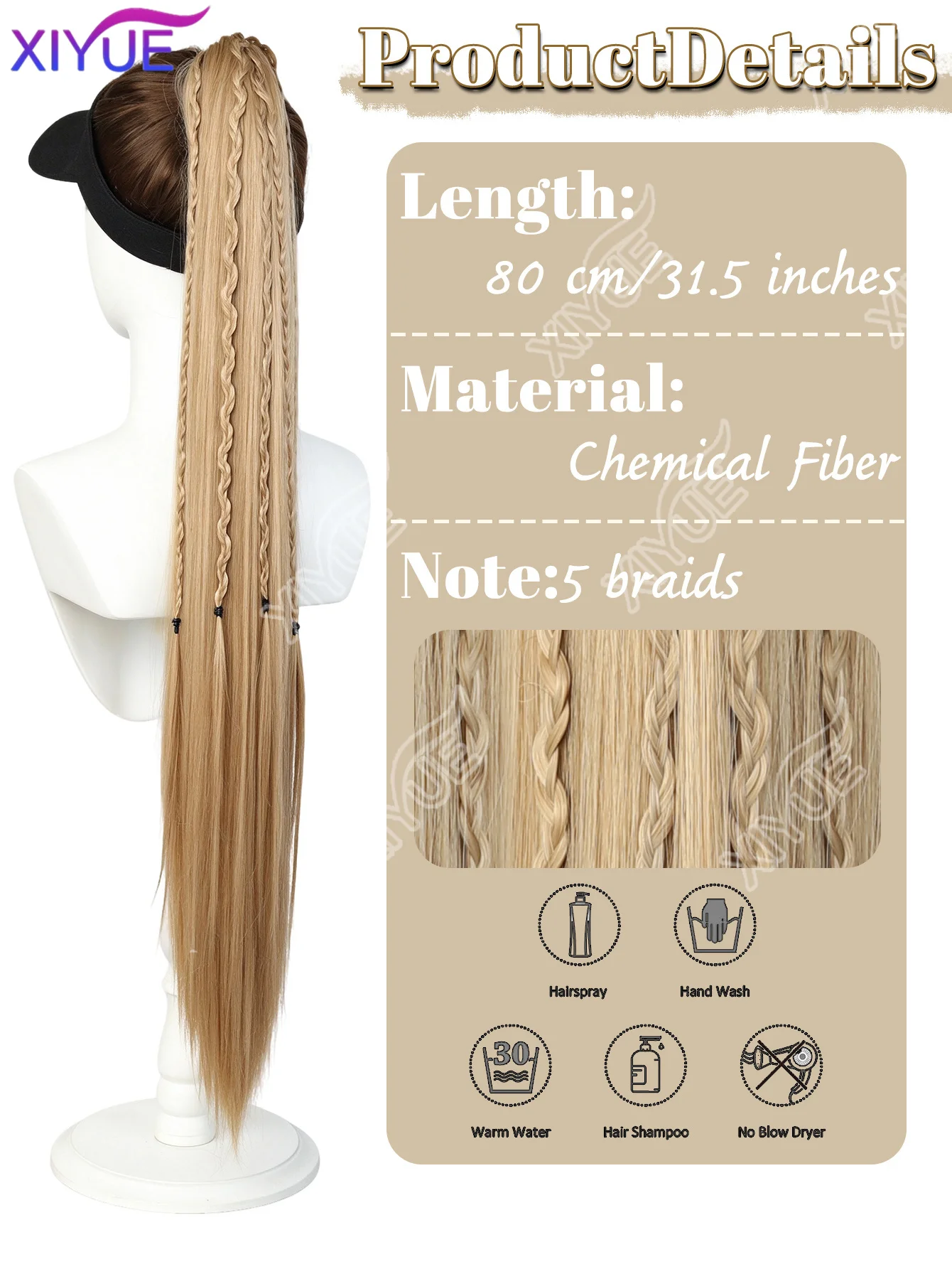 Long Straight Claw Clip On Ponytail Hair Straight Thin Braids Wrap Around Heat Resistant Hairpiece For Halloween Festival Party