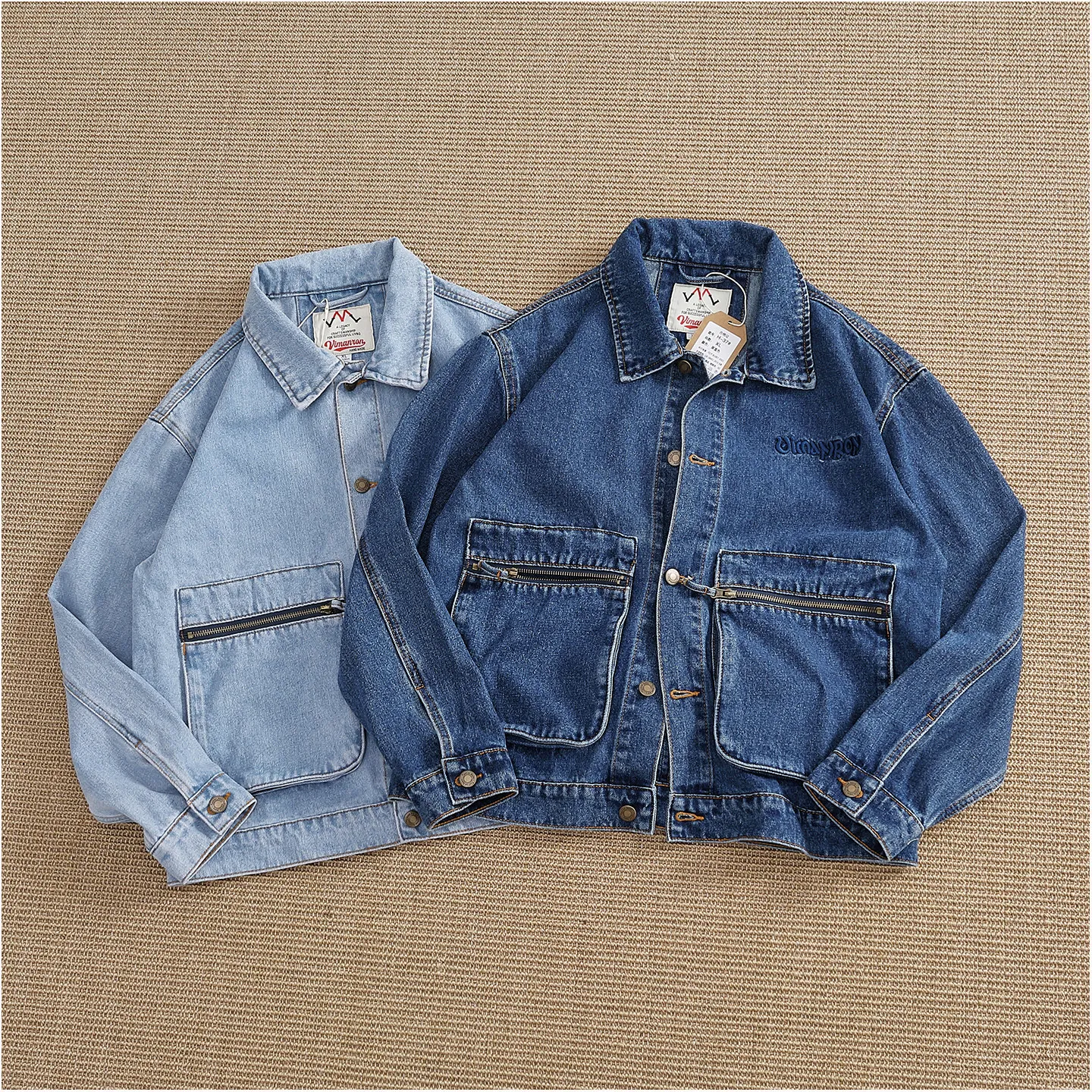 Retro washed denim jacket men's old large pocket lapel loose workwear style denim jacket top